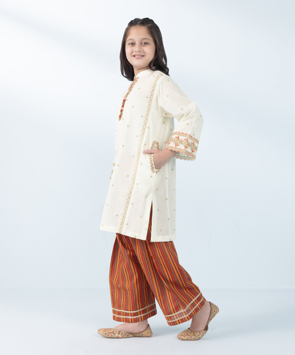 Kids East Girl's Off-White & Multi 2 Piece Embroidered Khaddar Suit