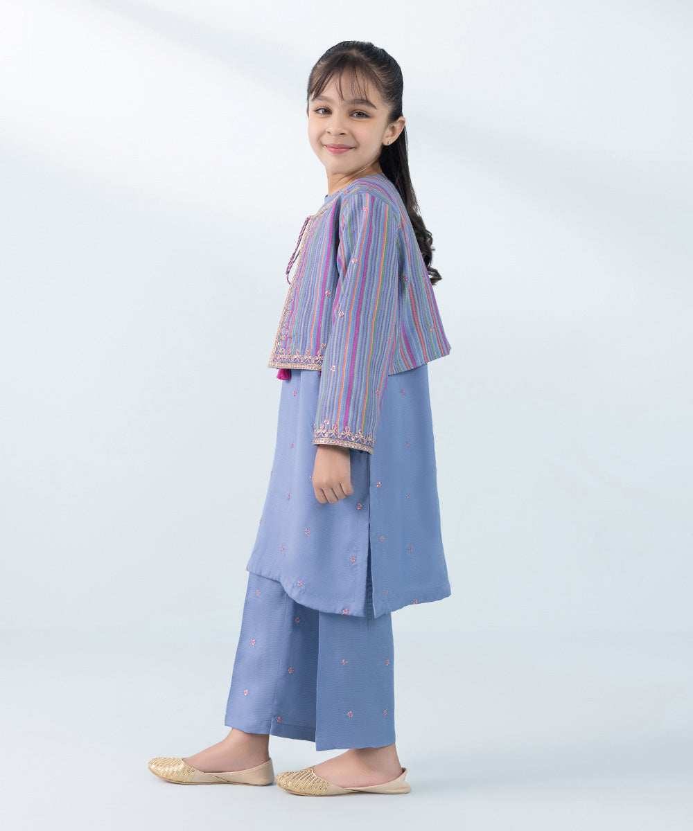 Kids East Girl's Blue 3 Piece Embroidered Raw Silk Suit