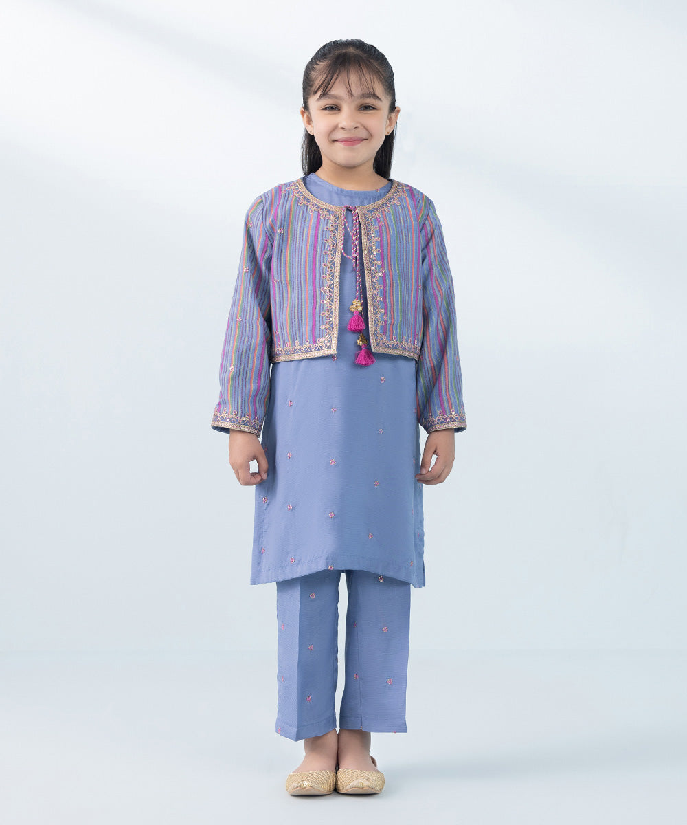 Kids East Girl's Blue 3 Piece Embroidered Raw Silk Suit