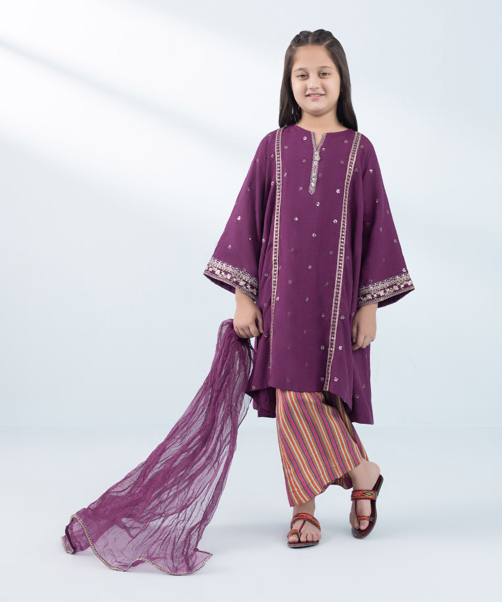 Kids East Girl's Plum & Multi 2 Piece Embroidered Raw Silk Suit