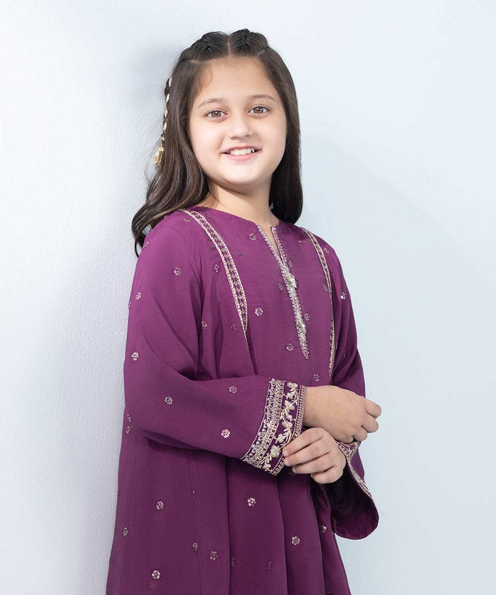 Kids East Girl's Plum & Multi 2 Piece Embroidered Raw Silk Suit