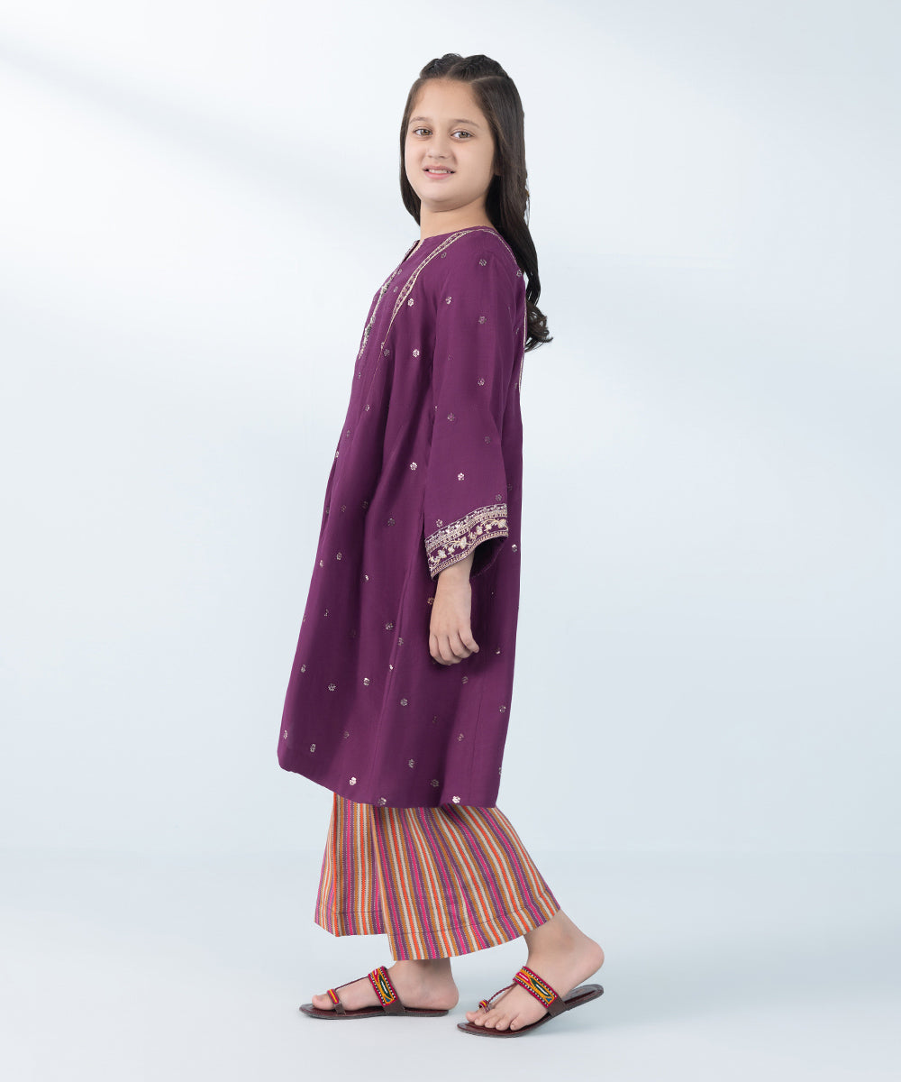 Kids East Girl's Plum & Multi 2 Piece Embroidered Raw Silk Suit