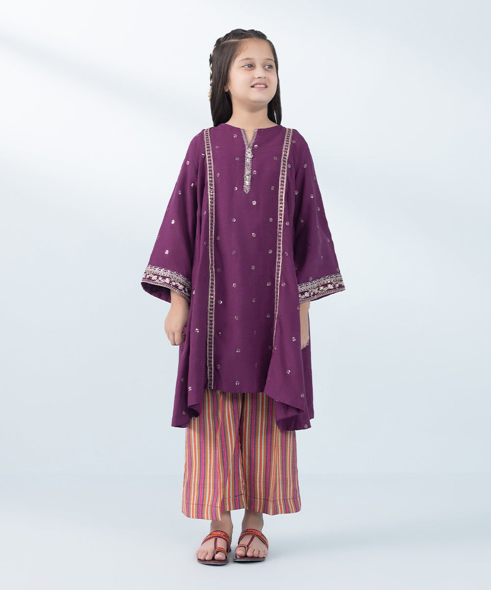 Kids East Girl's Plum & Multi 2 Piece Embroidered Raw Silk Suit