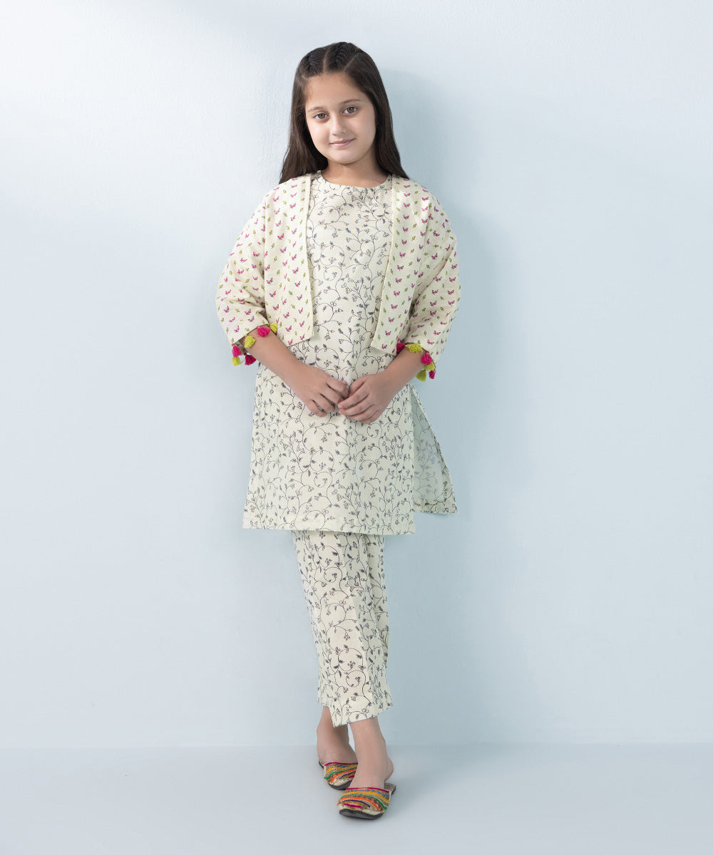 Kids East Girl's Off-White 3 Piece Embroidered Khaddar Suit