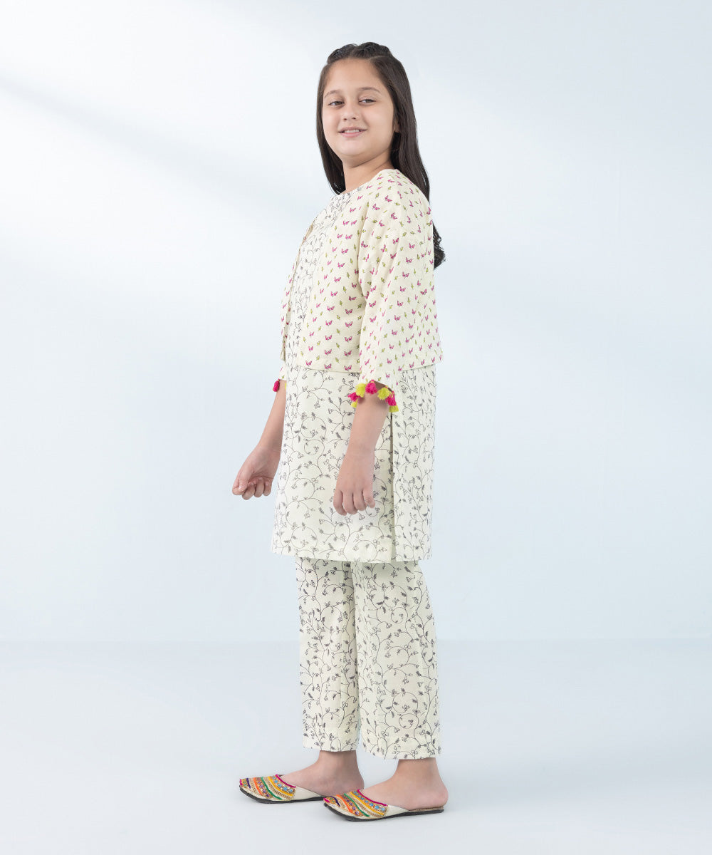 Kids East Girl's Off-White 3 Piece Embroidered Khaddar Suit