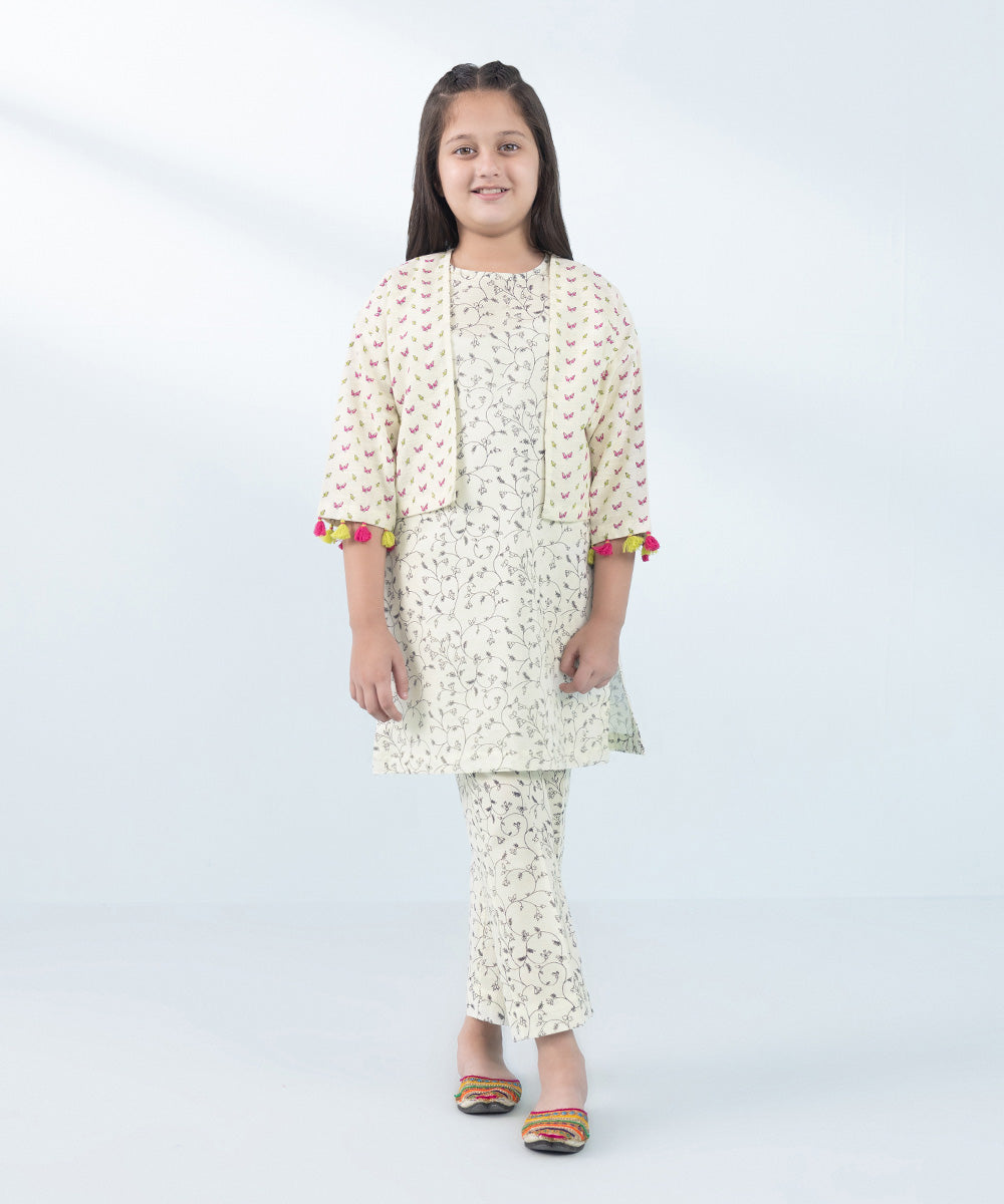 Kids East Girl's Off-White 3 Piece Embroidered Khaddar Suit