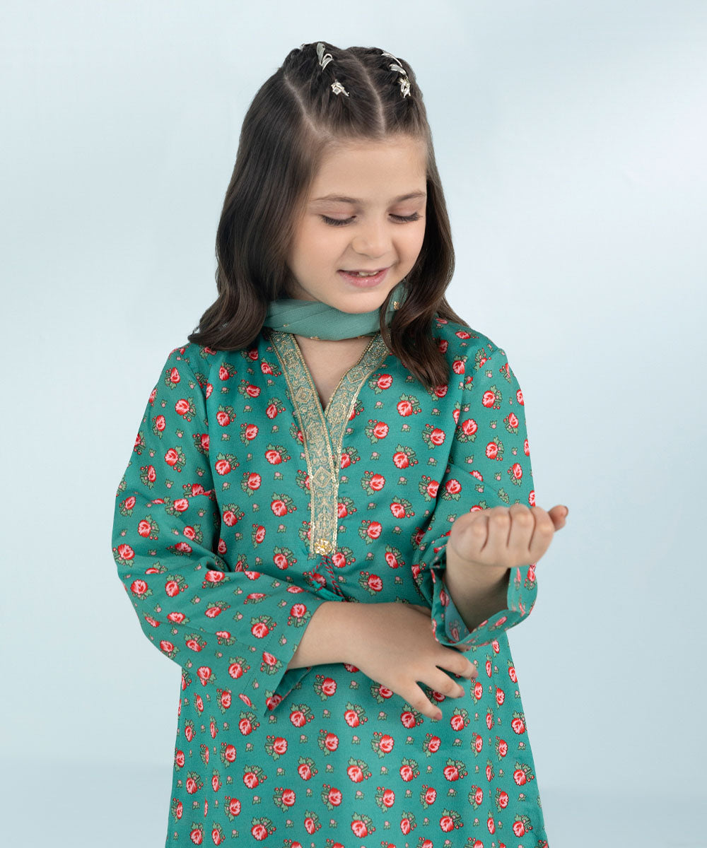 Girls 3 Piece Printed Embroidered Viscose Raw Silk Suit in Blue