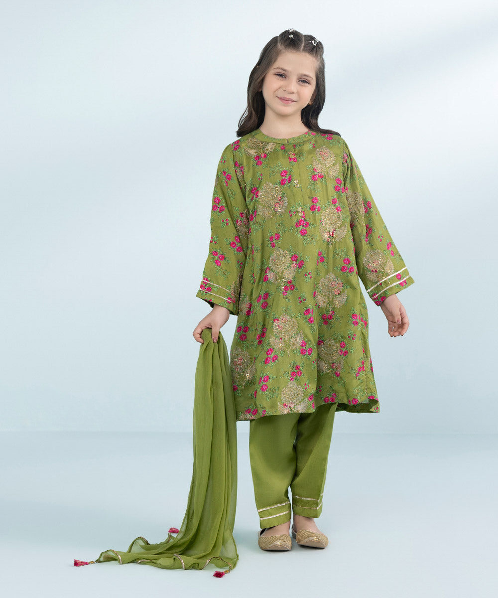 Girls 3 Piece Printed Embroidered Viscose Raw Silk Suit in Green