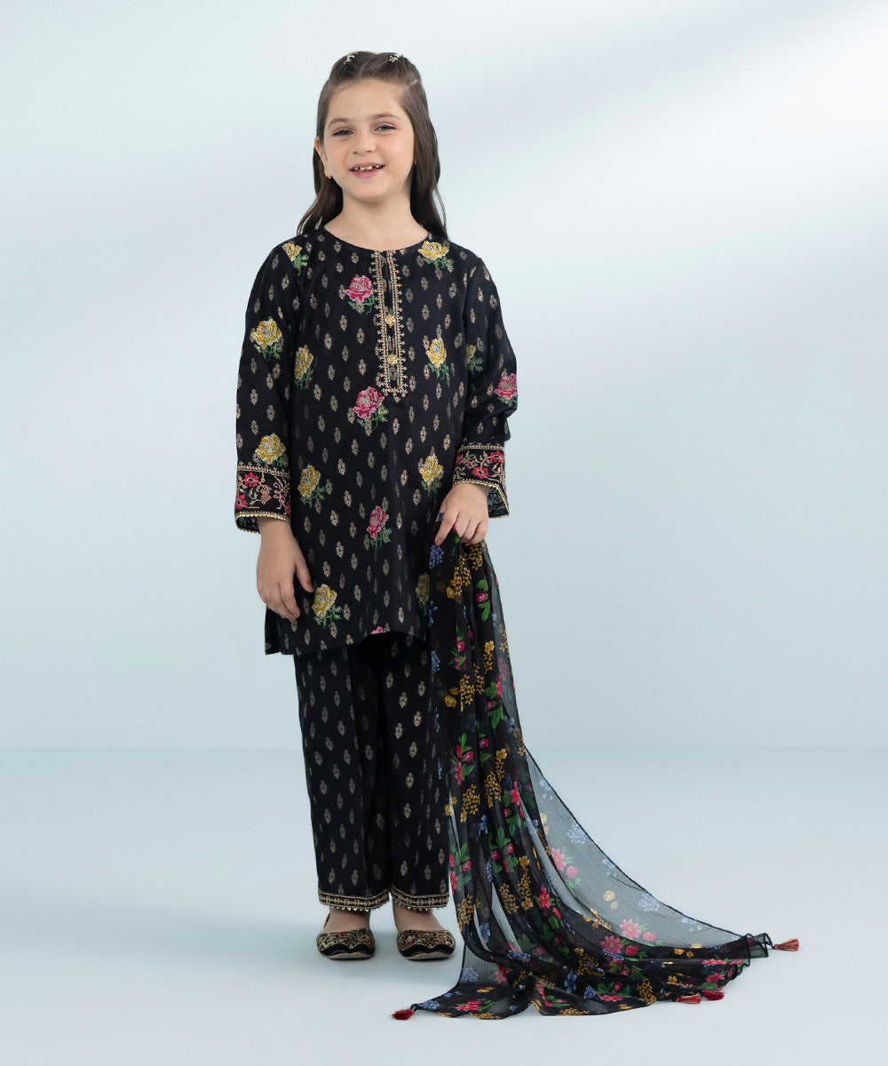 Girls 3 Piece Dyed Embroidered Jacquard Suit in Black 