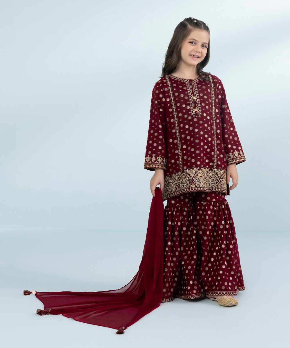 Girls 3 Piece Dyed Embroidered Jacquard Suit in Red