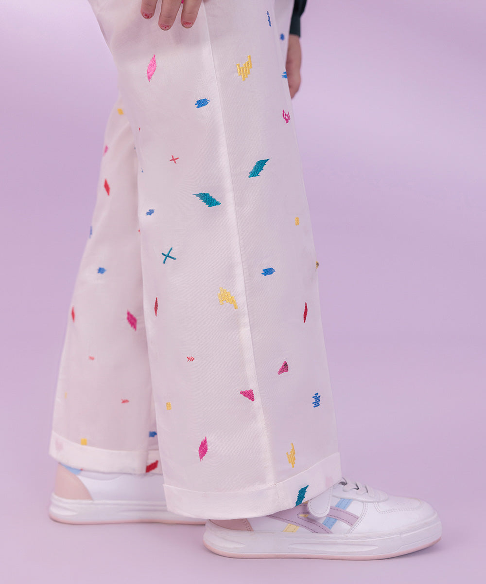 Girls White Embroidered Cambric Pants