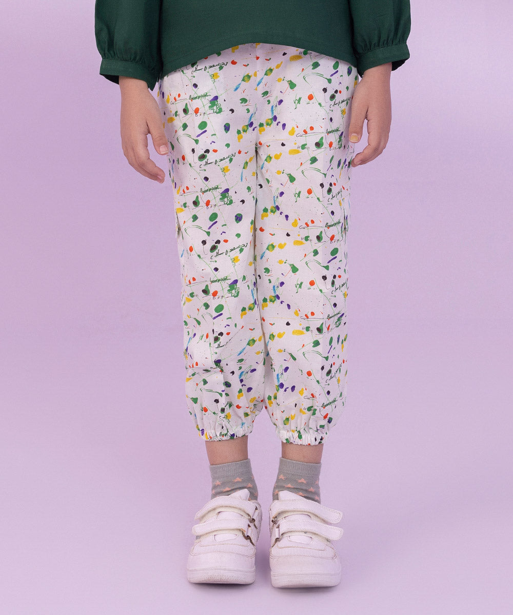 Girls White Printed Cambric Pants