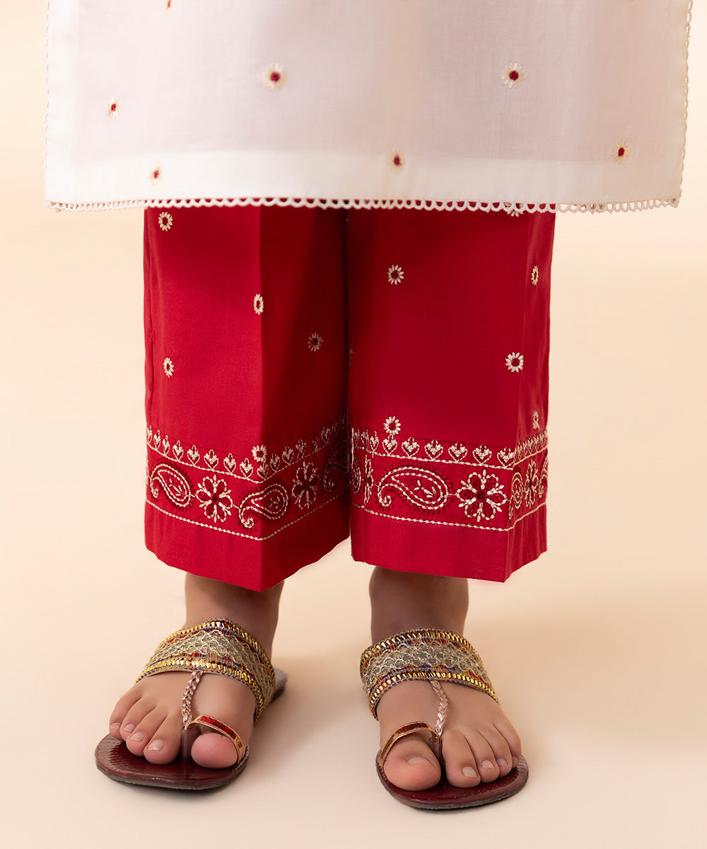 Girls Red Embroidered Cambric Culottes