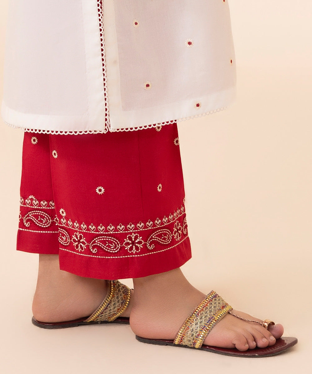Girls Red Embroidered Cambric Culottes