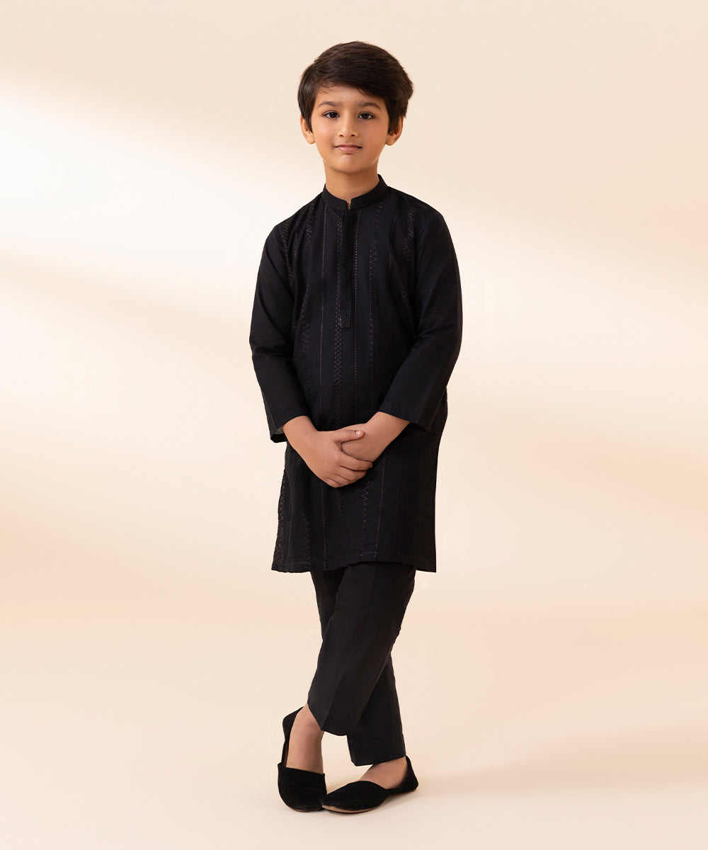 Boys Black 2 PC Embroidered Cambric Suit