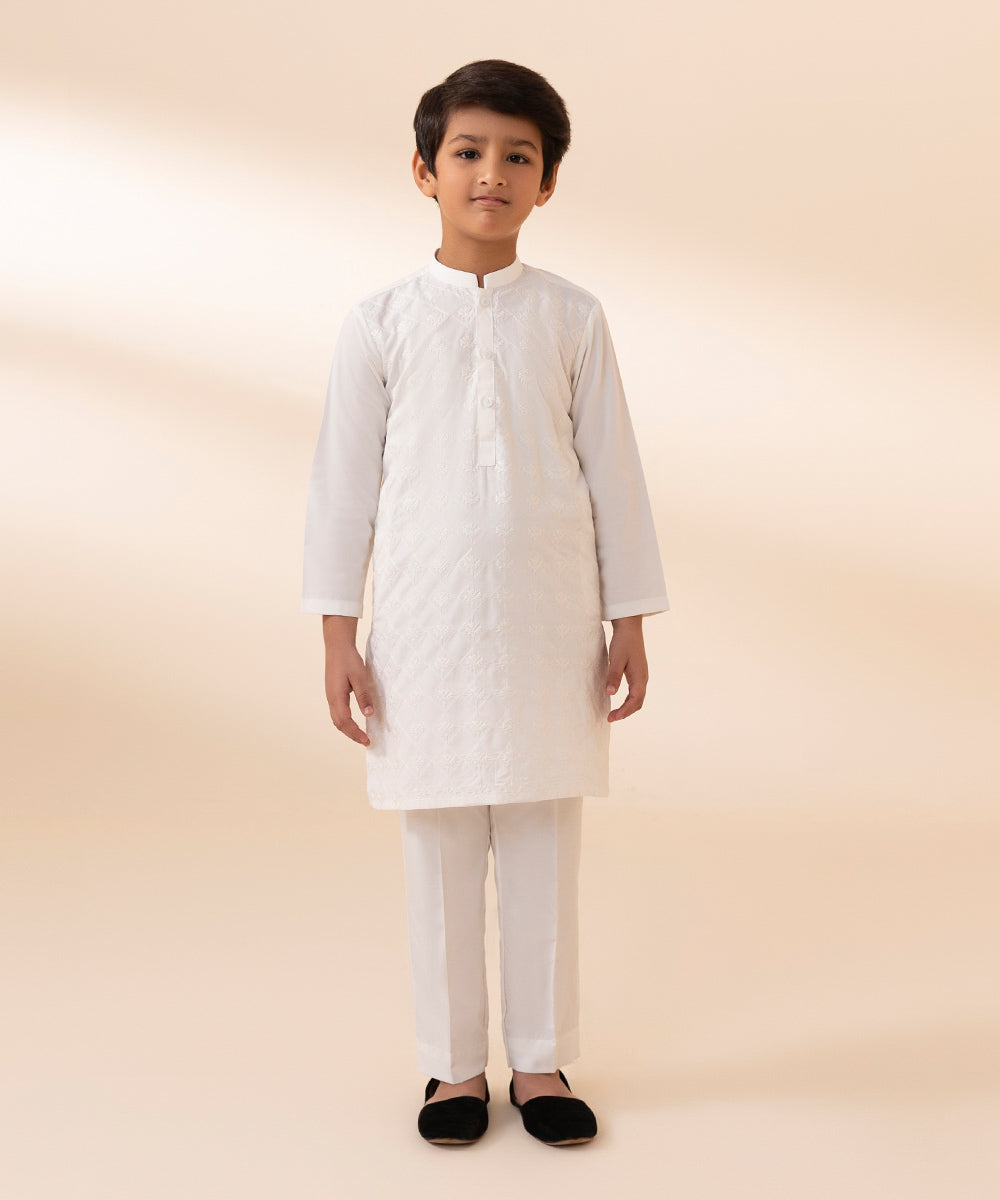 Boys White 2 PC Embroidered Poly Viscose Suit