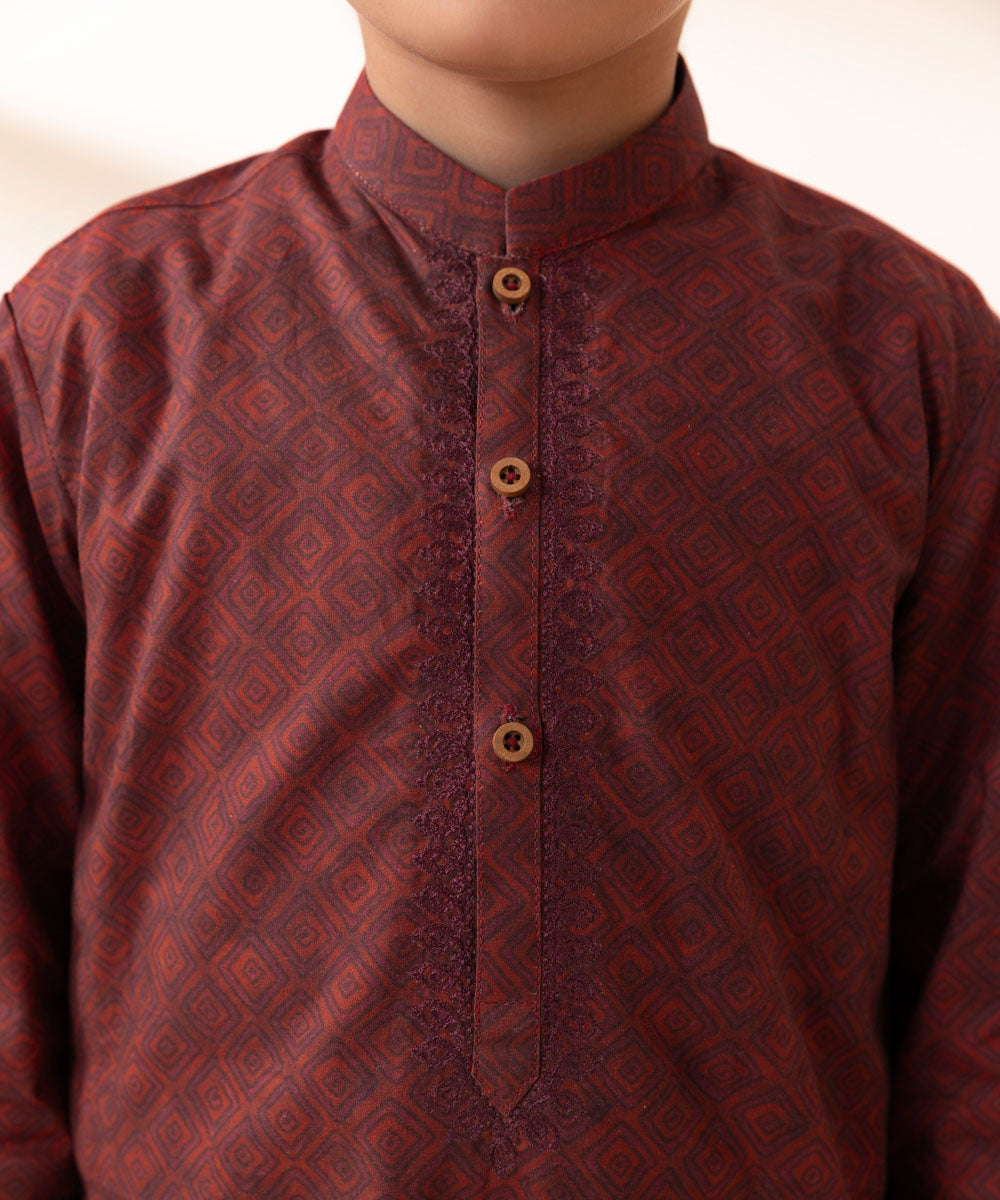 Boys Maroon Embroidered Cambric Suit