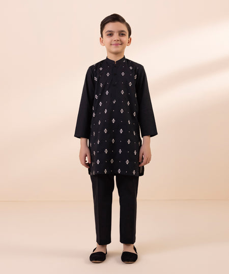 Kids East Boys Black Embroidered Cambric Suit