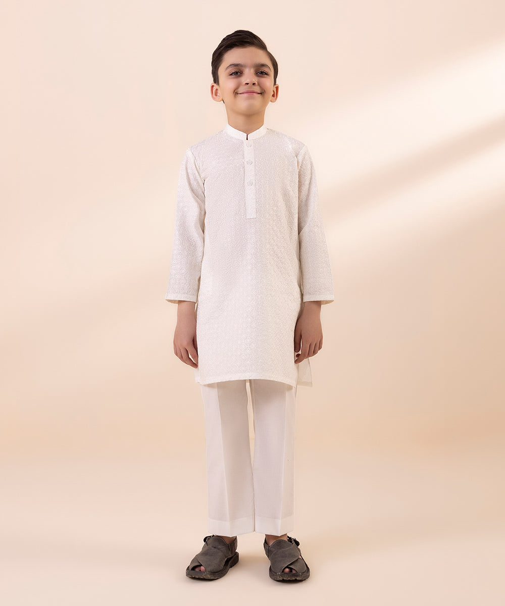 Kids East Boys White Embroidered Cambric Suit