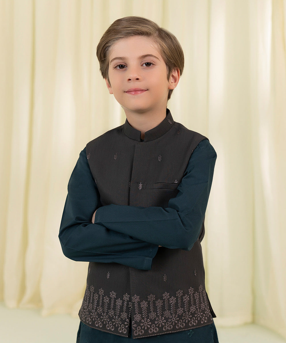 Boys Grey Embroidered Jacquard Waistcoat