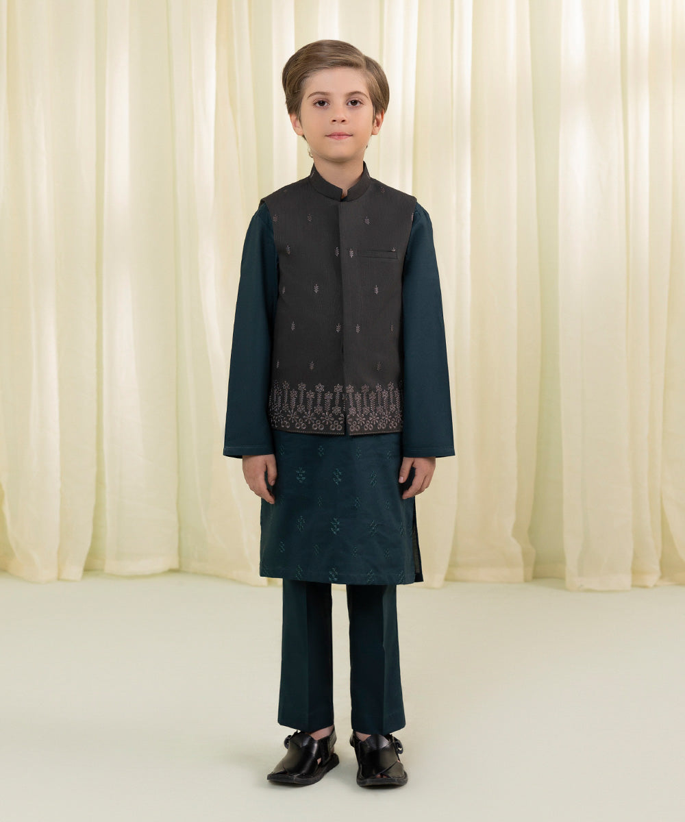 Boys Grey Embroidered Jacquard Waistcoat