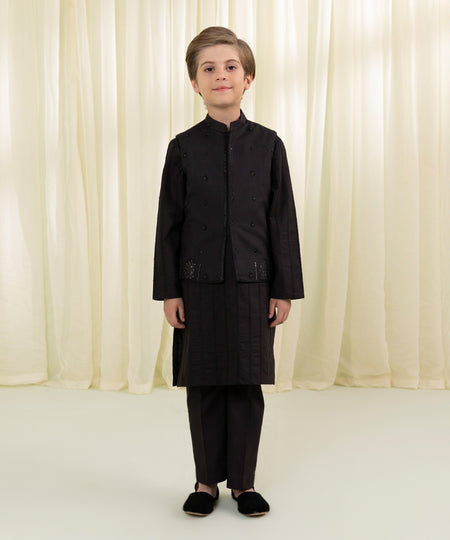 Boys Black Embroidered Cambric Waistcoat
