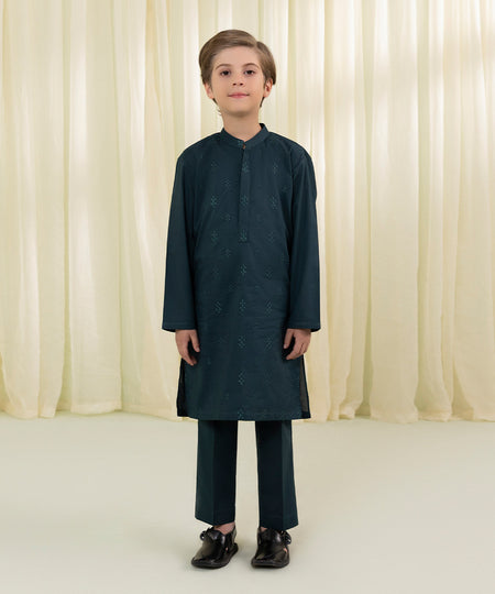Boys Teal Blue Embroidered Cotton Suit