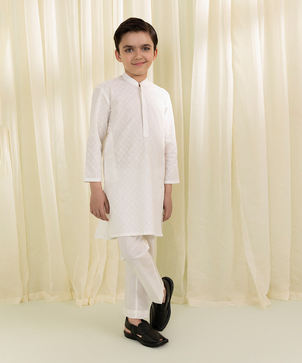 Boys White Embroidered Cambric Suit