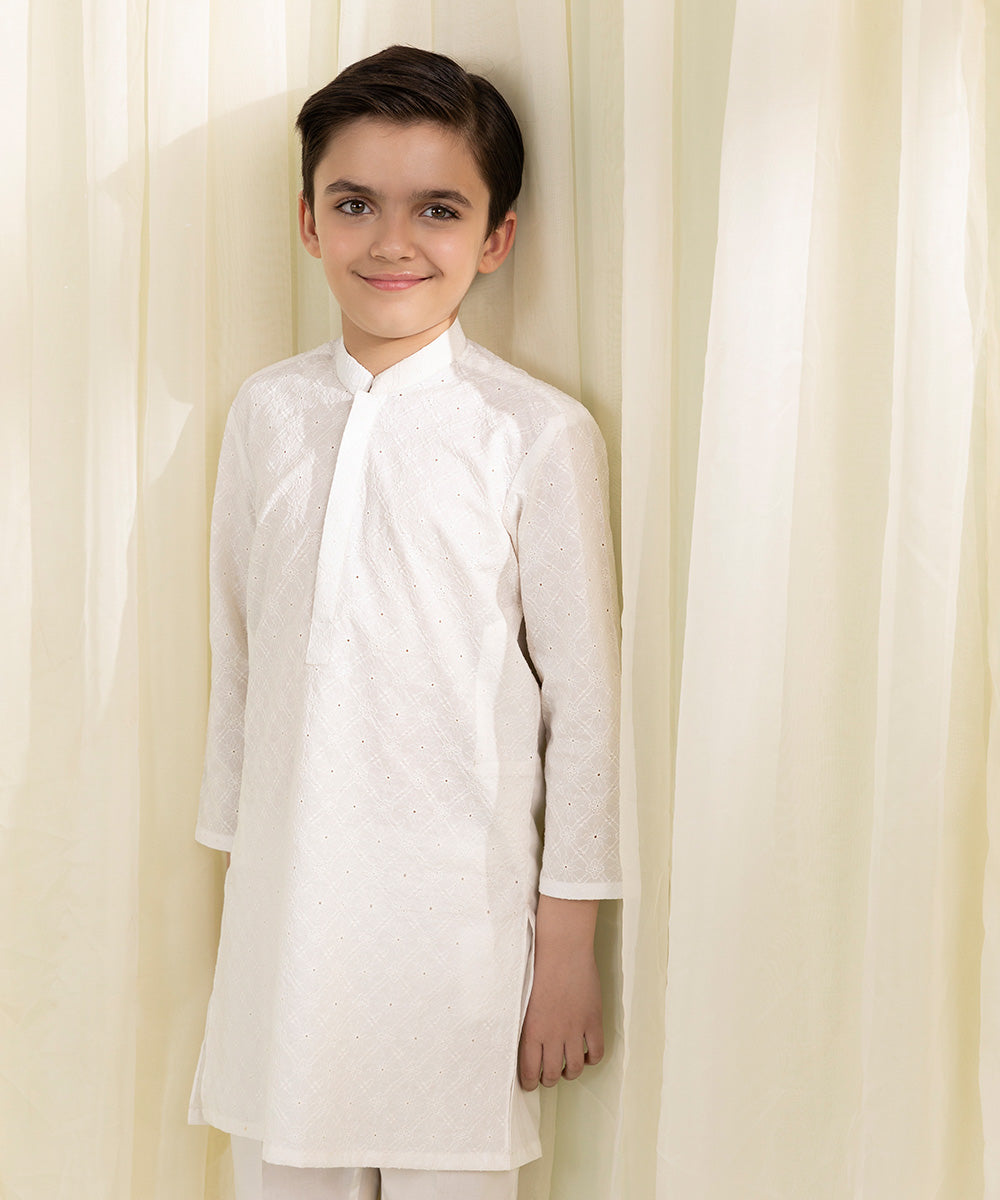 Boys White Embroidered Cambric Suit
