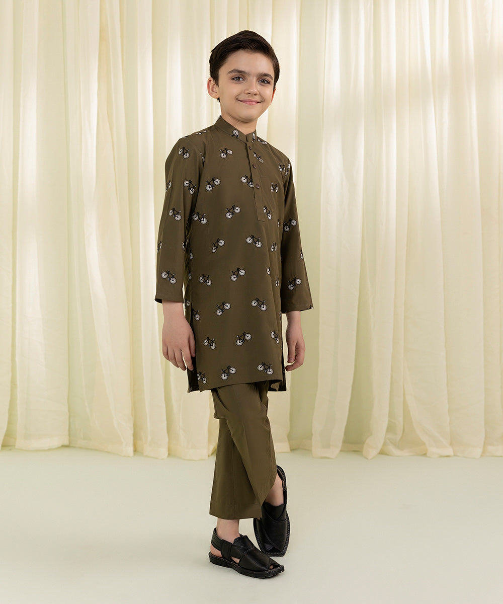 Boys Olive Embroidered Dobby Suit