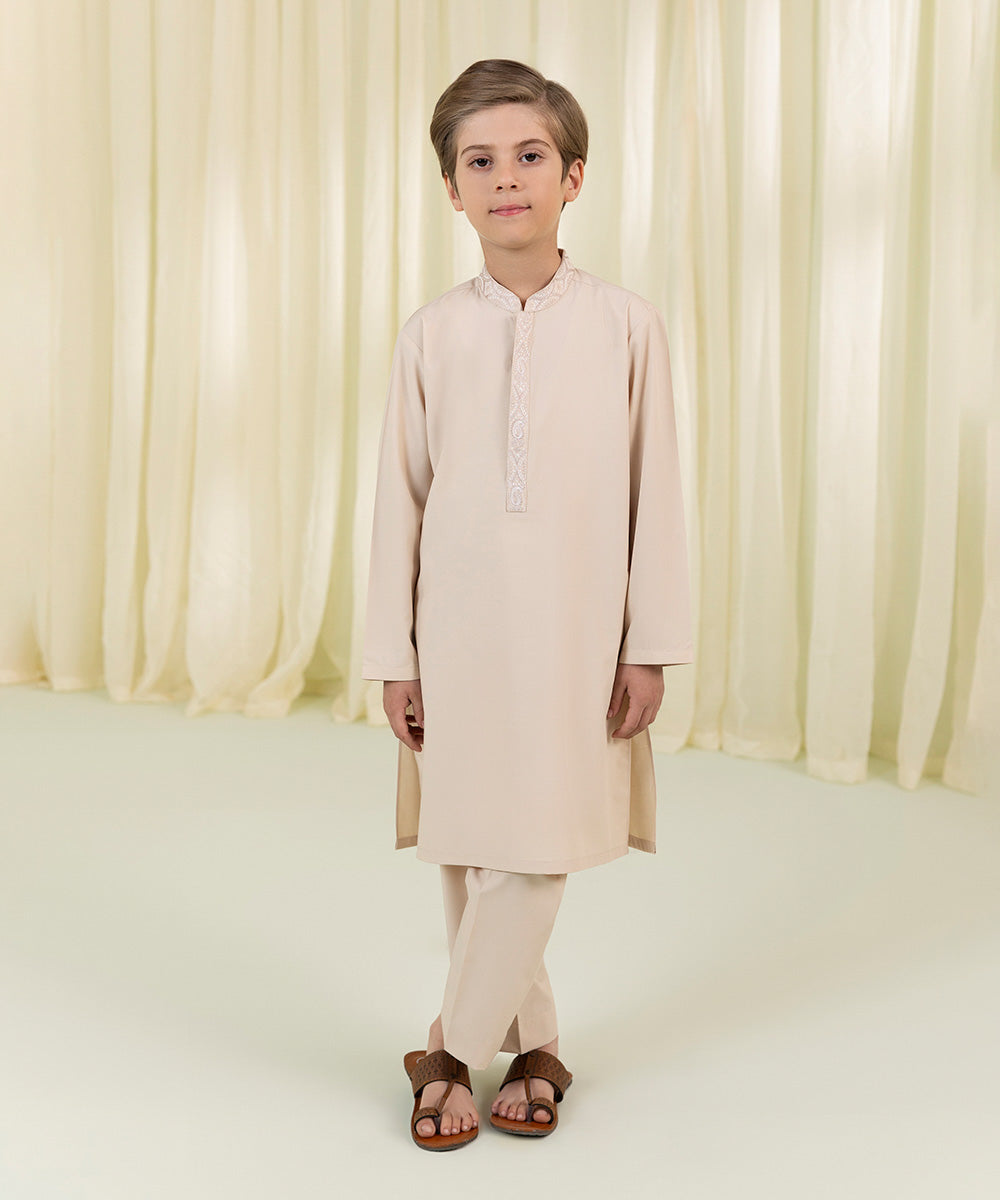 Boys Beige Embroidered Dobby Suit