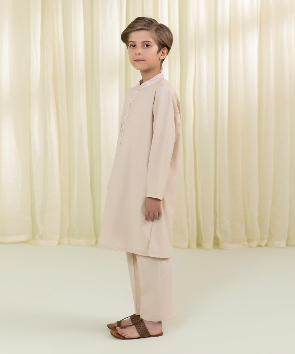 Boys Beige Embroidered Dobby Suit