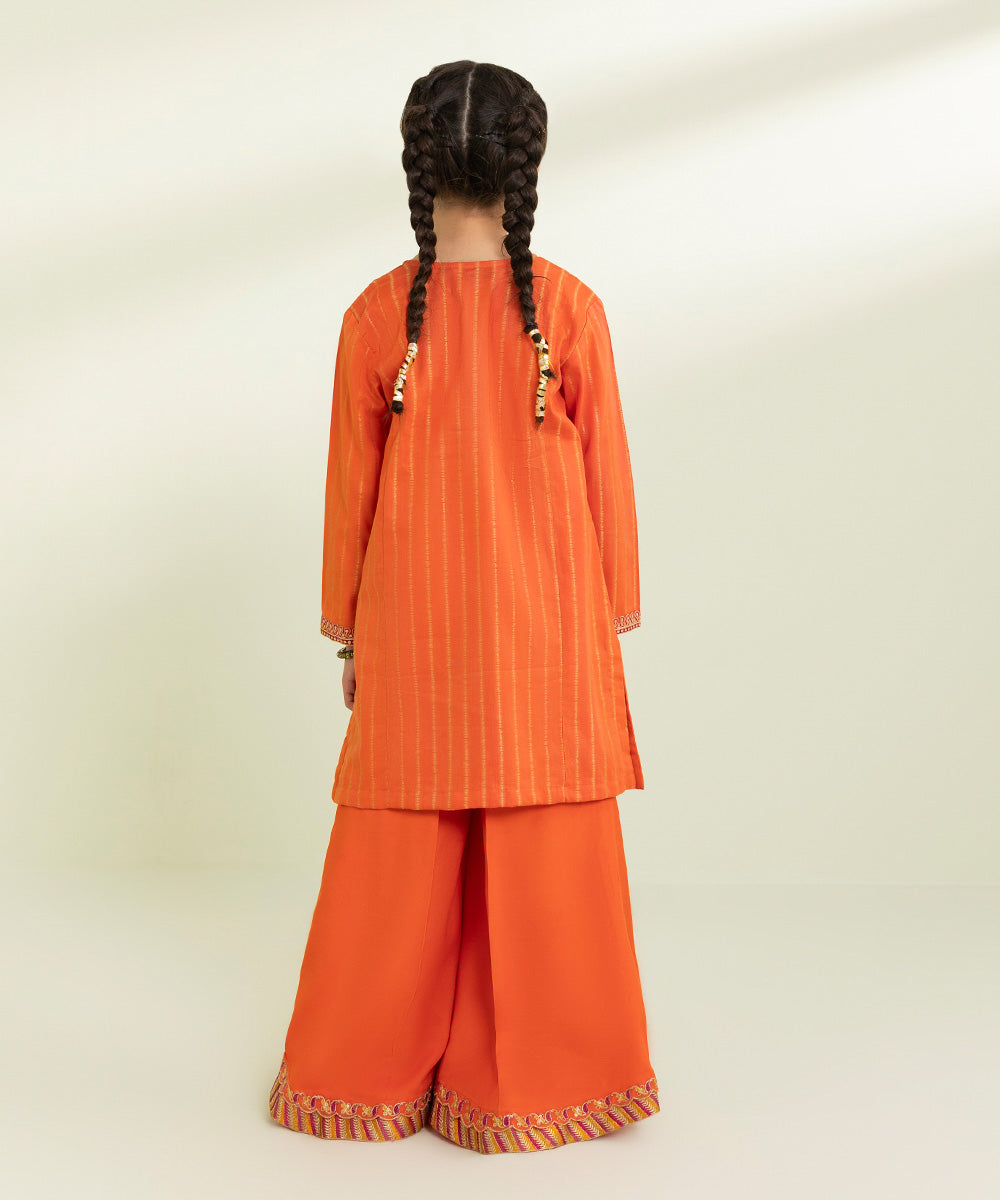 Kids East Girls Orange 2 Piece Embroidered Jacquard Suit