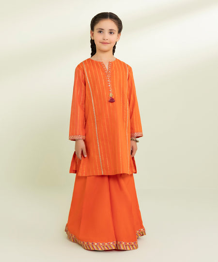 Kids East Girls Orange 2 Piece Embroidered Jacquard Suit