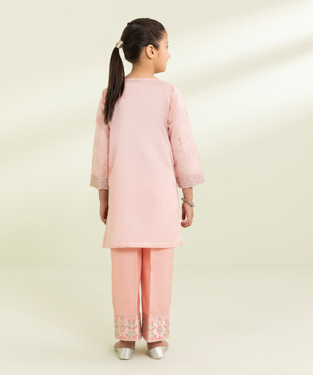 Kids East Girls Pink 2 Piece Embroidered Cotton Net Suit