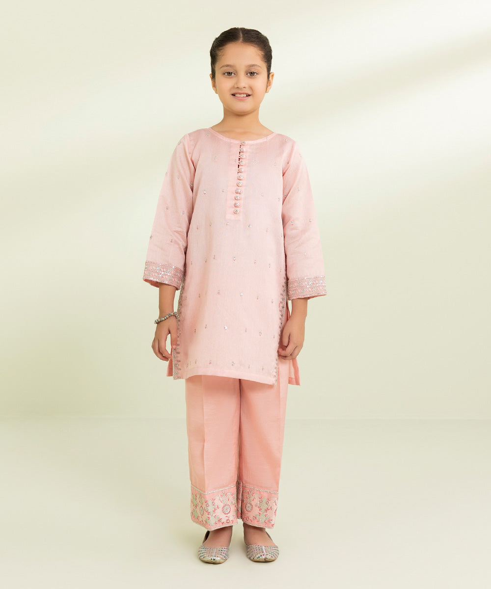 Kids East Girls Pink 2 Piece Embroidered Cotton Net Suit