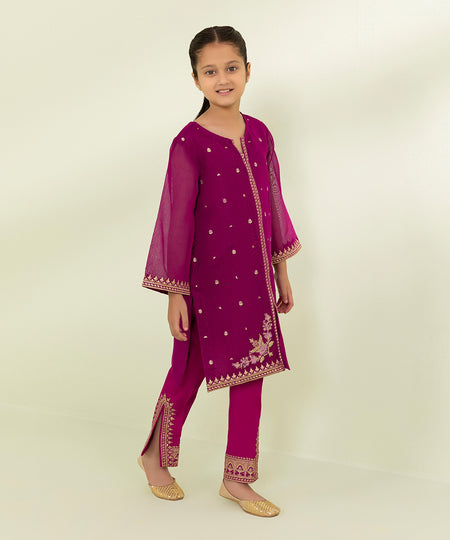 Kids East Girls Plum 2 Piece Embroidered Silk Khaddi Suit