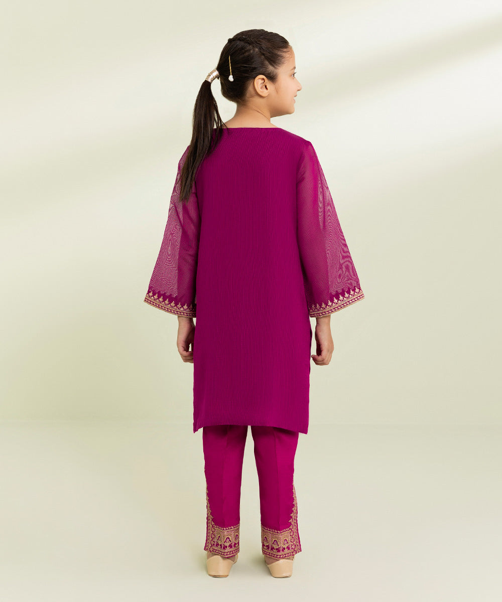 Kids East Girls Plum 2 Piece Embroidered Silk Khaddi Suit