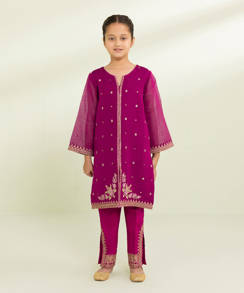 Kids East Girls Plum 2 Piece Embroidered Silk Khaddi Suit