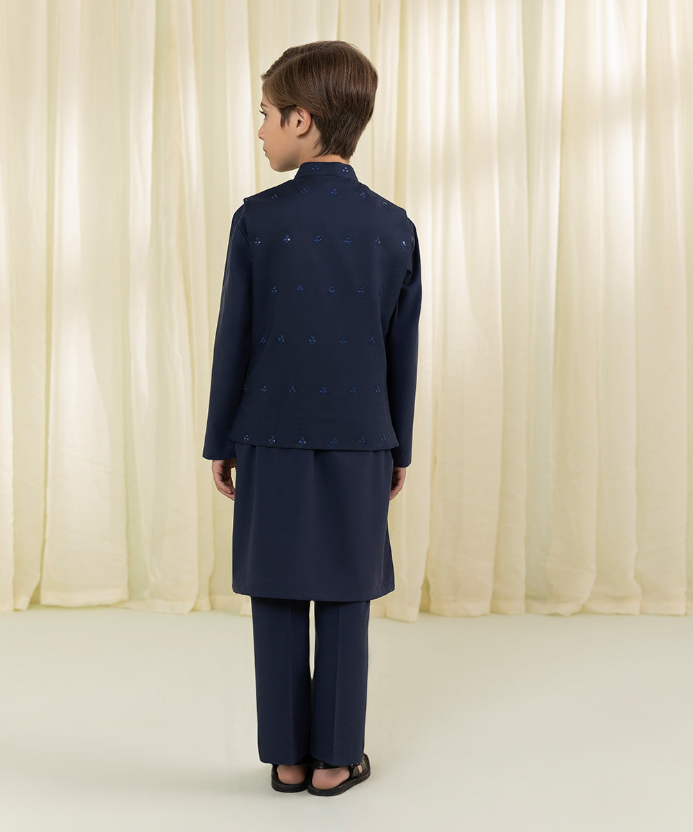 Boys Navy Blue Embroidered Dobby Suit