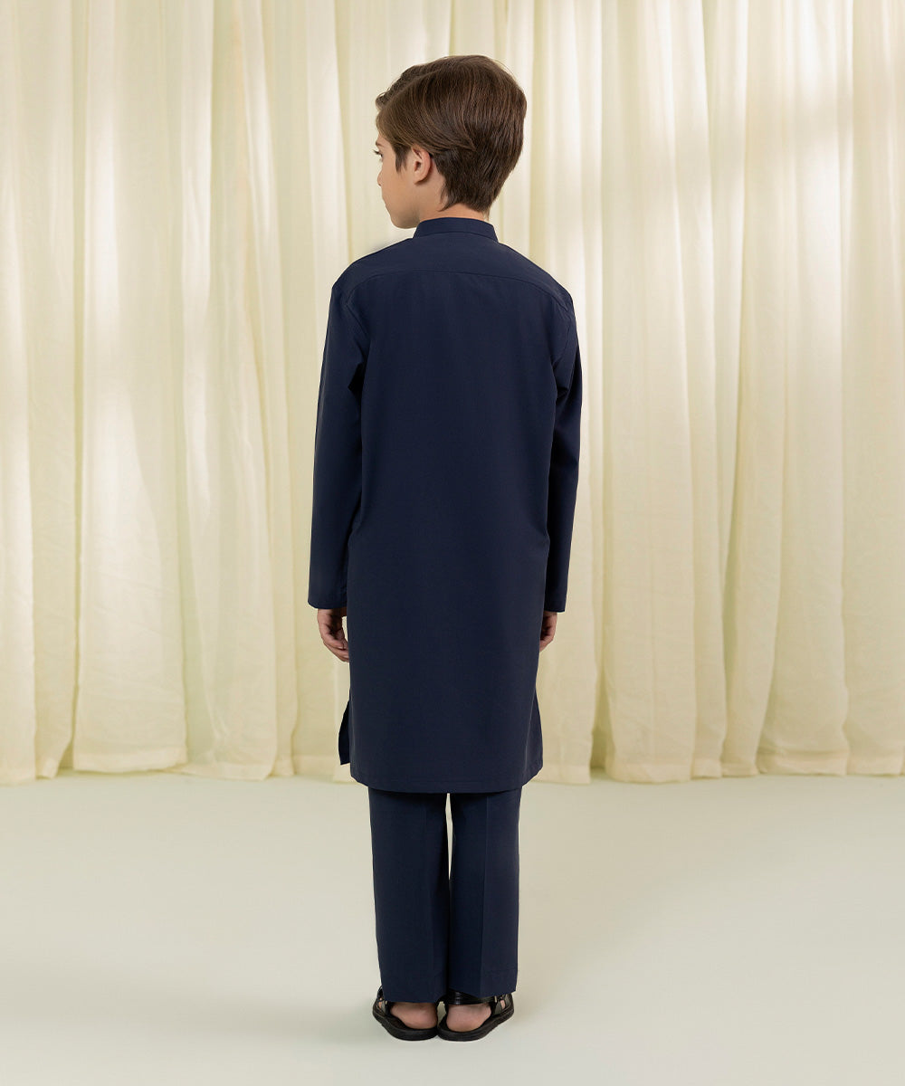 Boys Navy Blue Embroidered Dobby Suit
