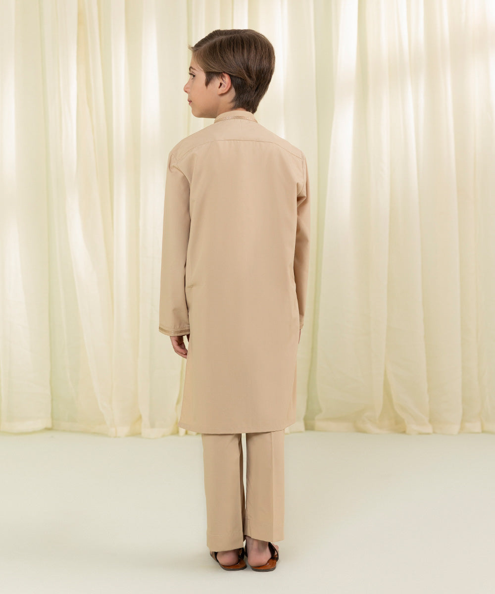 Boys Beige Brown Embroidered Dobby Suit