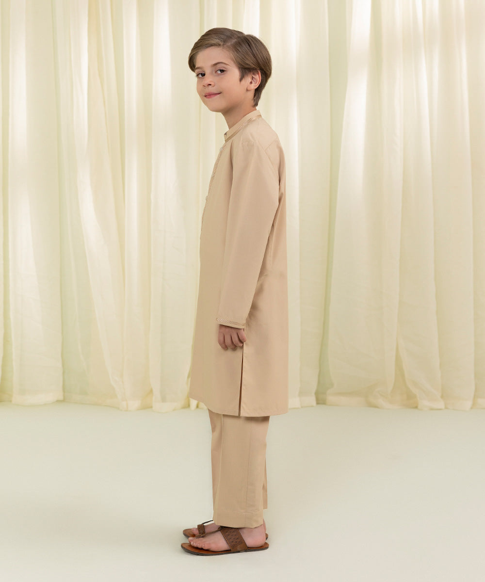 Boys Beige Brown Embroidered Dobby Suit