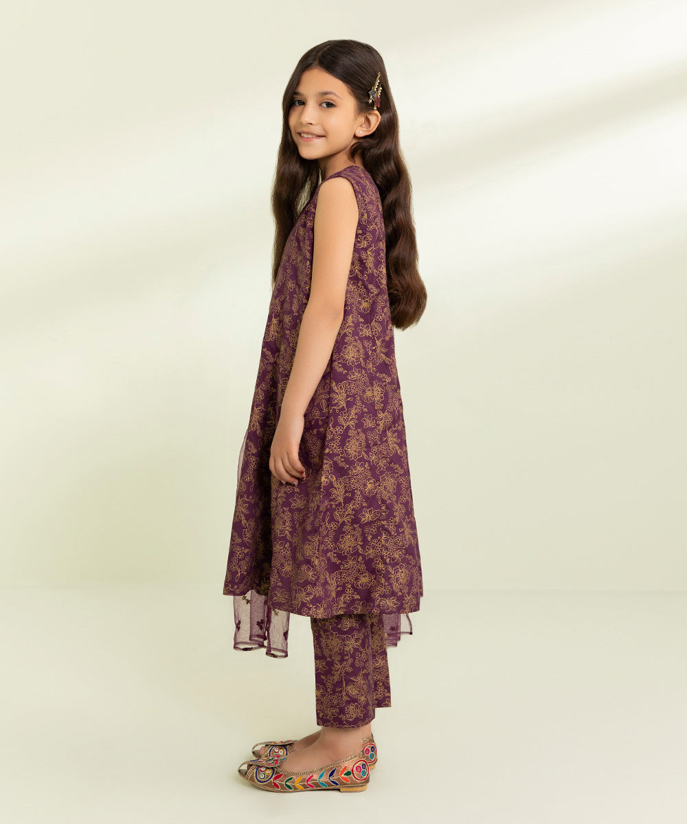 Kids East Girls Plum 3 Piece Embroidered Raw Silk Suit