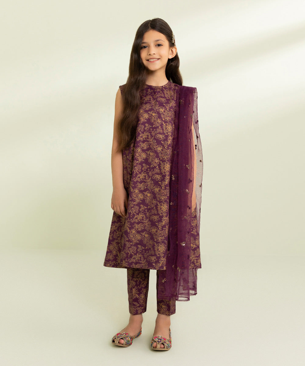 Kids East Girls Plum 3 Piece Embroidered Raw Silk Suit