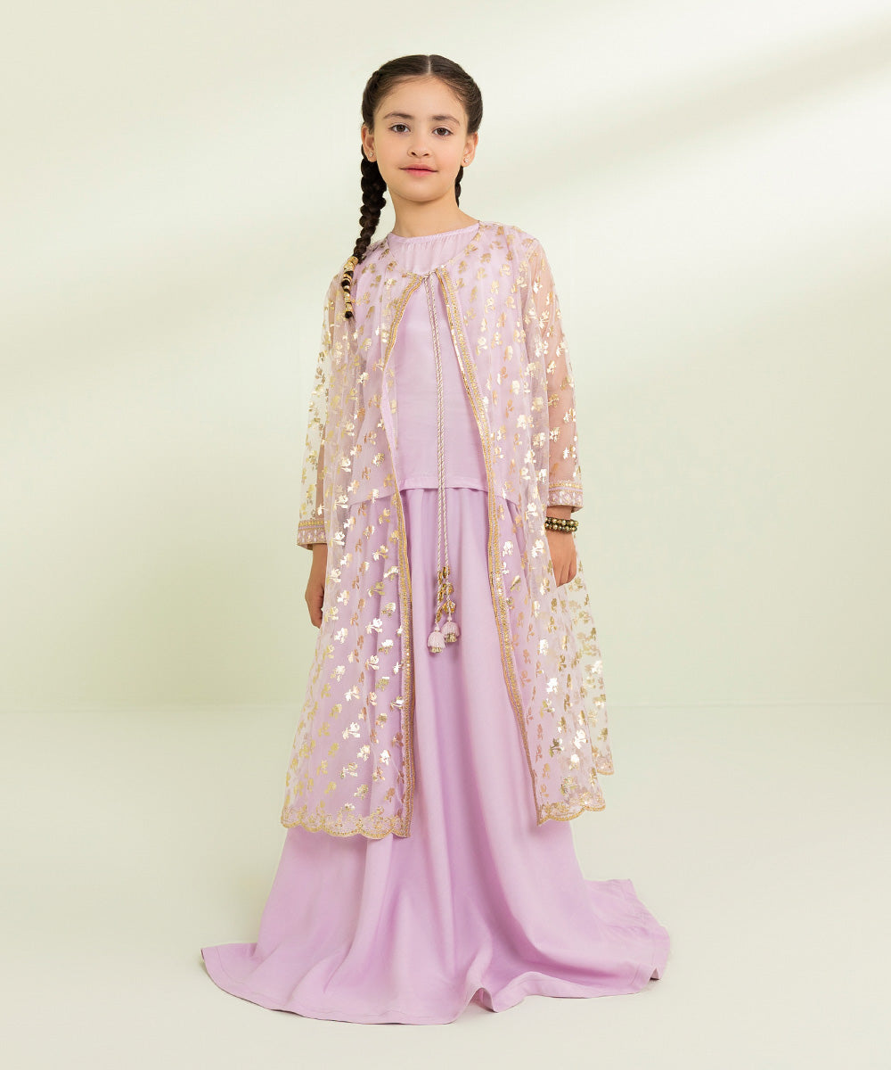 Kids East Girls lilac 2 Piece Embroidered Net Suit