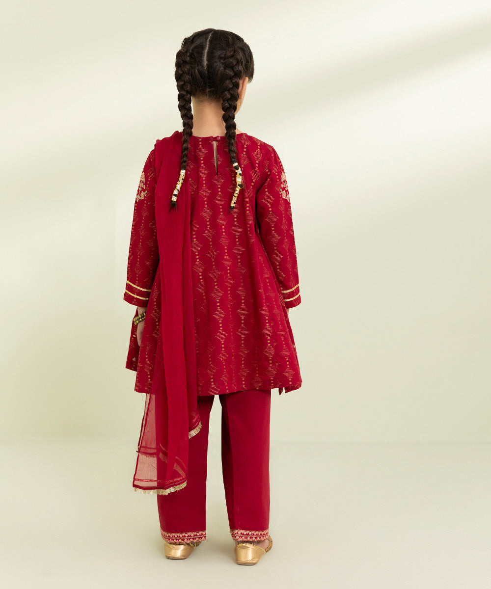 Kids East Girls Red 3 Piece Embroidered Jacquard Suit