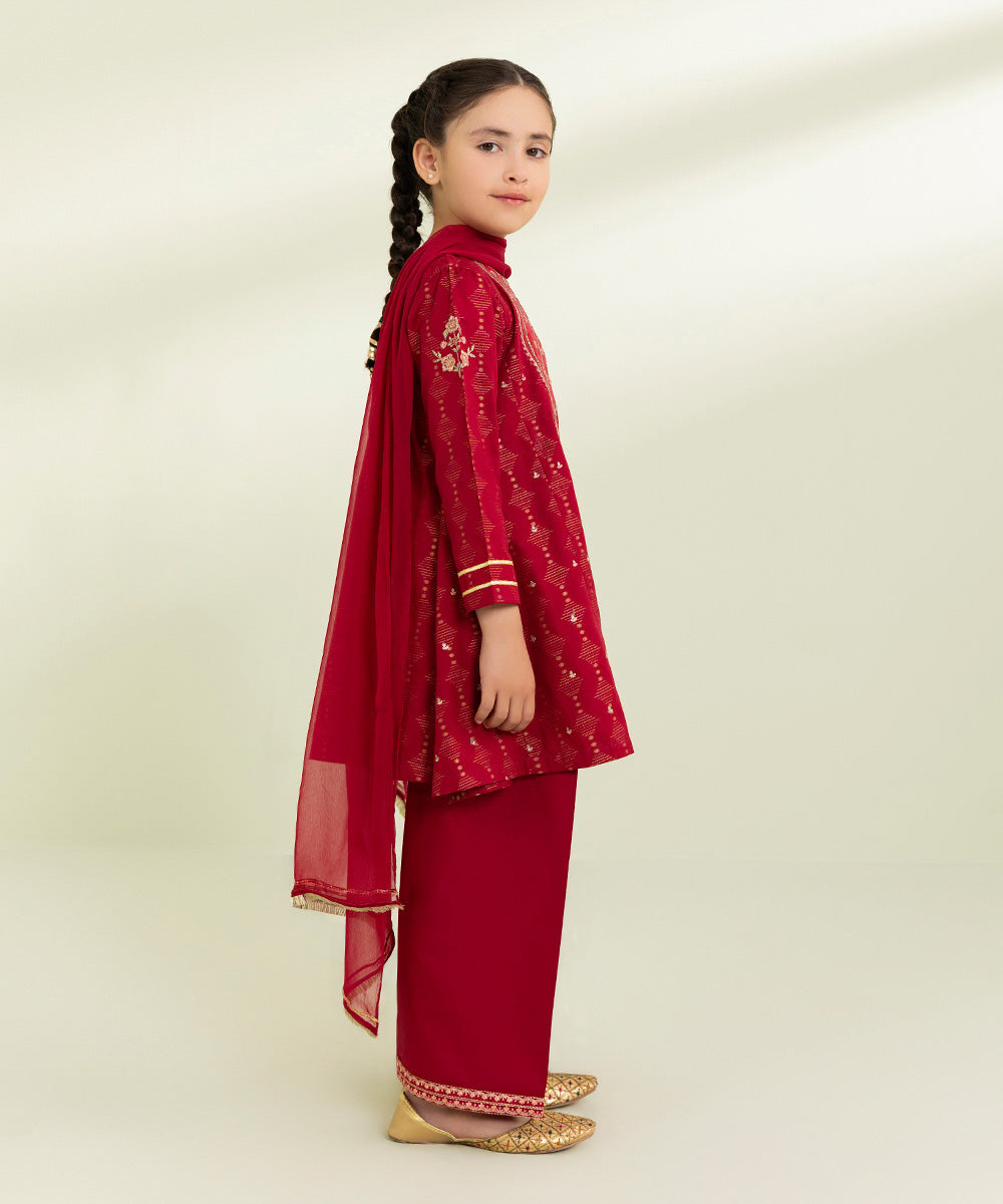 Kids East Girls Red 3 Piece Embroidered Jacquard Suit