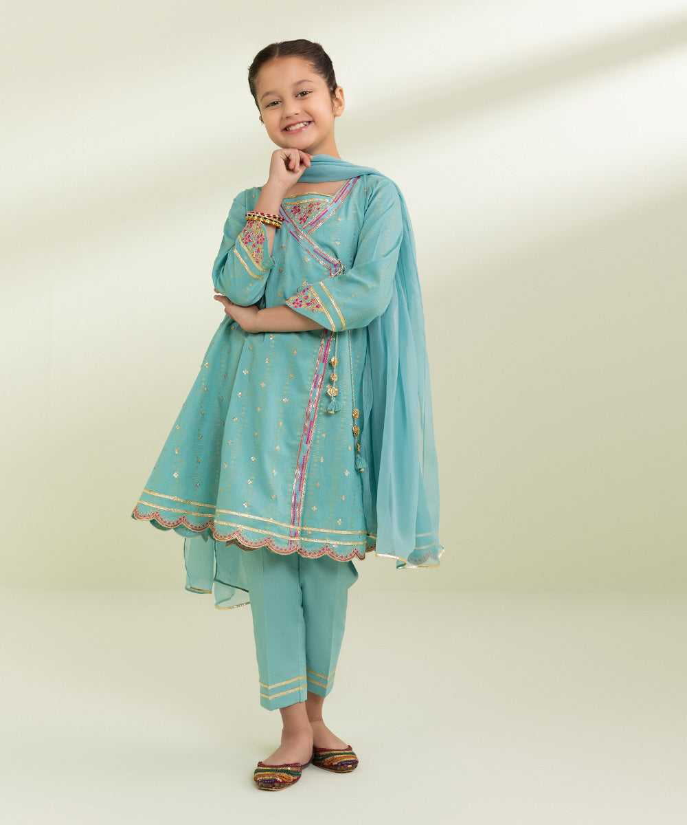 Kids East Girls Blue 3 Piece Embroidered Jacquard Suit