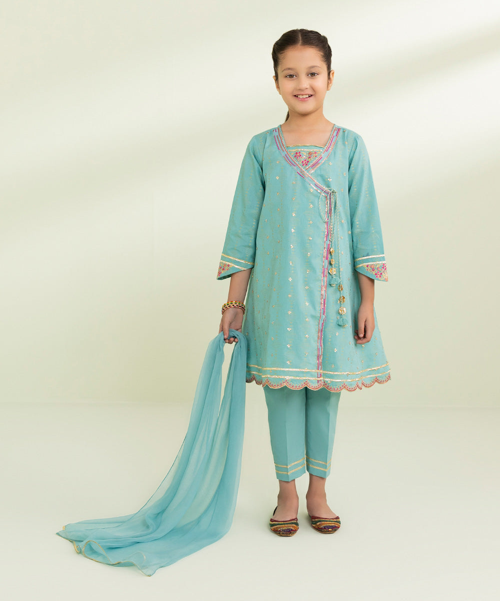 Kids East Girls Blue 3 Piece Embroidered Jacquard Suit